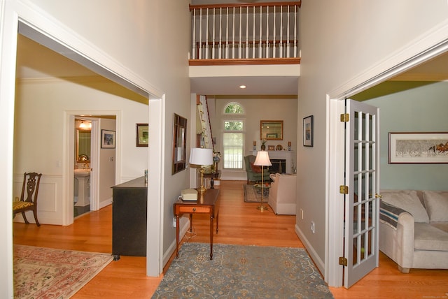 16 Brookfield Dr, Ellington, CT 06029 - entryway featuring wood finished floors, a towering ceiling, and a fireplace