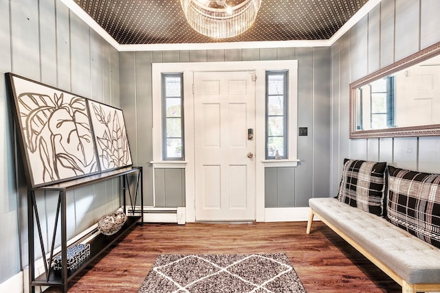 64 Mohawk Ave, Derby, CT 06418 - entryway with a baseboard radiator, ornamental molding, and wood finished floors