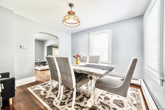 64 Mohawk Ave, Derby, CT 06418 - dining space with arched walkways, dark wood-style floors, and baseboard heating
