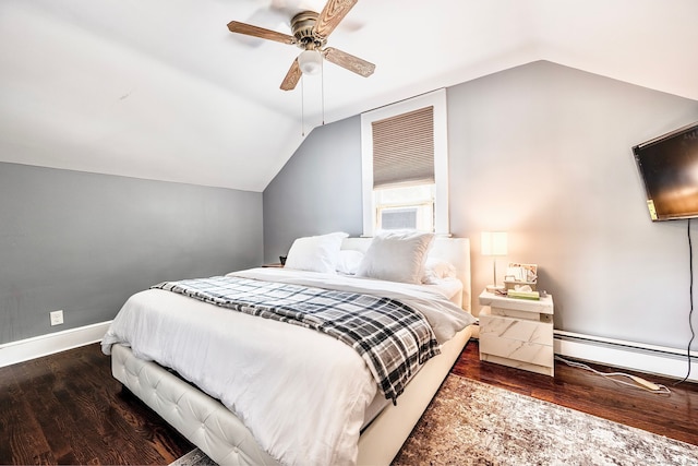 64 Mohawk Ave, Derby, CT 06418 - bedroom with vaulted ceiling, wood finished floors, a baseboard radiator, and ceiling fan