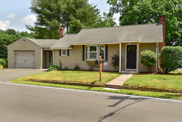 20 Battle St, Somers, CT 06071 - single story home featuring a chimney, a garage, a front lawn, driveway, and a shingled roof