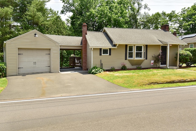 20 Battle St, Somers, CT 06071 - ranch-style house with a chimney, driveway, a front yard, an attached carport, and a shingled roof