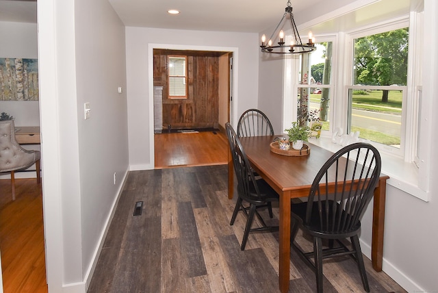 20 Battle St, Somers, CT 06071 - dining room with dark wood-style floors, a chandelier, and recessed lighting