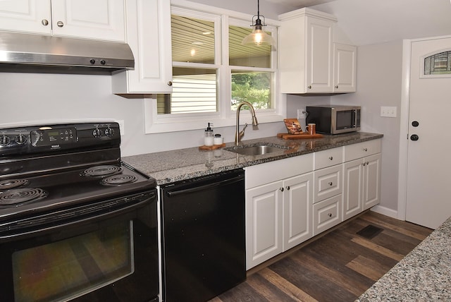 20 Battle St, Somers, CT 06071 - kitchen with black appliances, under cabinet range hood, white cabinetry, dark wood-type flooring, and dark stone counters
