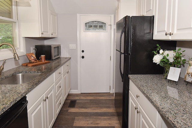 20 Battle St, Somers, CT 06071 - kitchen featuring black appliances, white cabinets, dark wood-style flooring, and dark stone counters