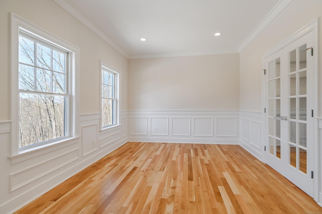 19 Ives Ct, Ridgefield, CT 06877 - spare room with light wood-style floors, a wainscoted wall, ornamental molding, recessed lighting, and a decorative wall