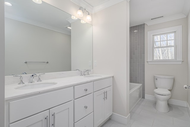 19 Ives Ct, Ridgefield, CT 06877 - full bathroom with double vanity, ornamental molding, and shower / washtub combination