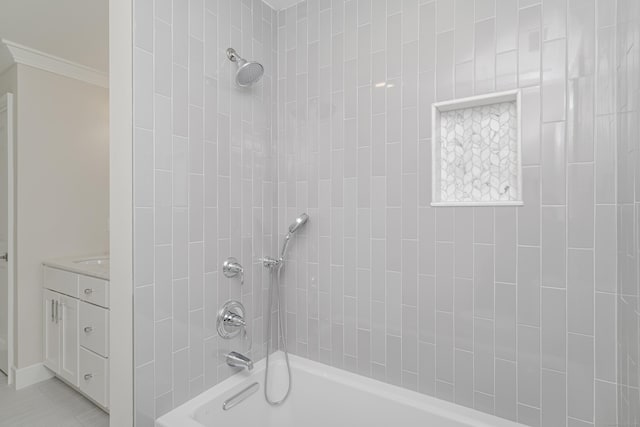 19 Ives Ct, Ridgefield, CT 06877 - bathroom with ornamental molding,  shower combination, and vanity