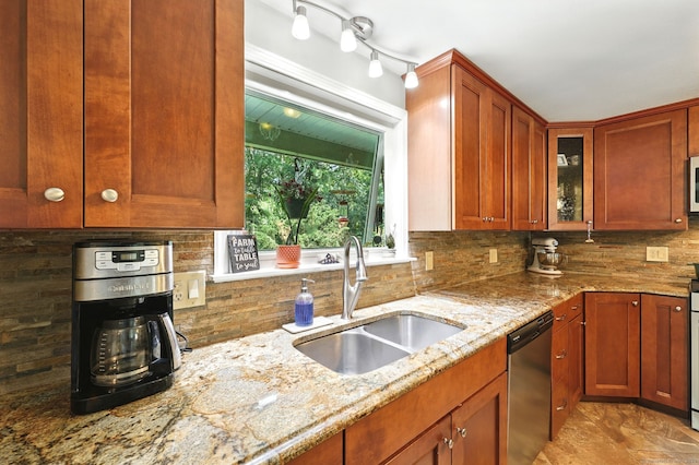 247 Mountain View Rd, Somers, CT 06071 - kitchen with stainless steel appliances, light stone countertops, backsplash, glass insert cabinets, and brown cabinets