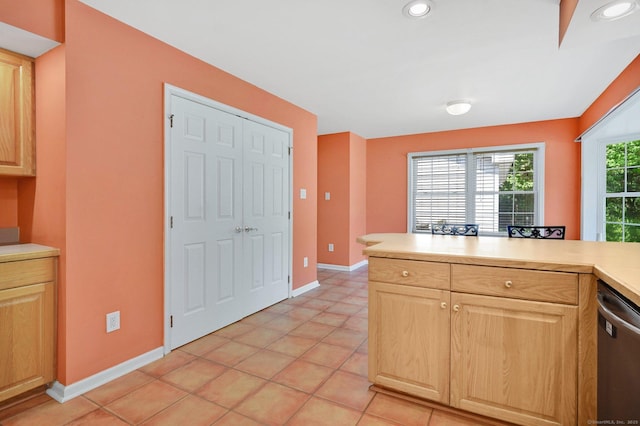 125 E Old Route 6, Hampton, CT 06247 - kitchen with dishwasher, light brown cabinetry, light countertops, light tile patterned floors, and recessed lighting