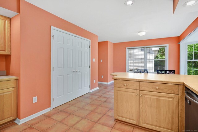 125 E Old Route 6, Hampton, CT 06247 - kitchen with stainless steel dishwasher, light brown cabinets, light countertops, light tile patterned floors, and recessed lighting