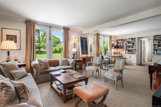 7 Morningside Ln, Westport, CT 06880 - carpeted living room with healthy amount of natural light, ornamental molding, and beam ceiling