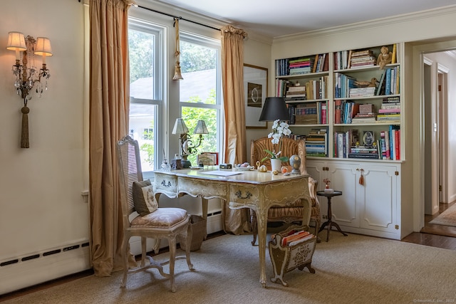 7 Morningside Ln, Westport, CT 06880 - carpeted office space featuring a baseboard heating unit, crown molding, and a baseboard radiator