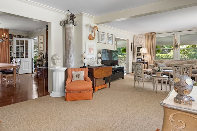 7 Morningside Ln, Westport, CT 06880 - living room featuring crown molding, carpet floors, and a chandelier
