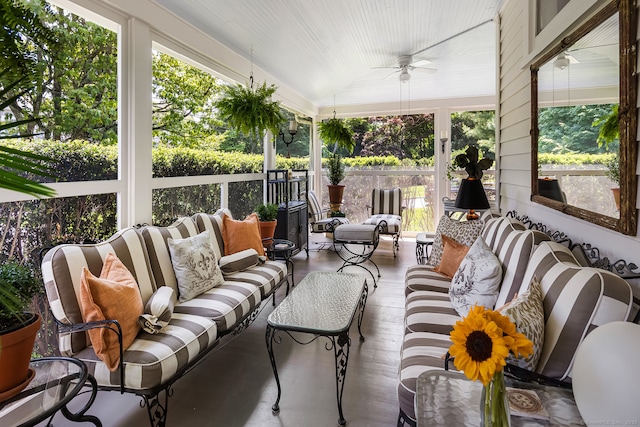 7 Morningside Ln, Westport, CT 06880 - sunroom / solarium with outdoor lounge area, ceiling fan, and lofted ceiling