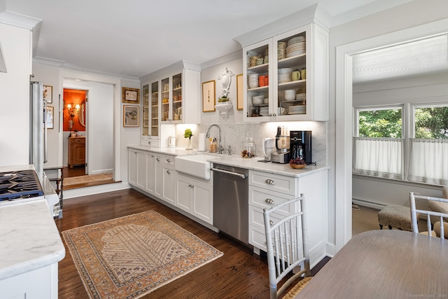 7 Morningside Ln, Westport, CT 06880 - kitchen featuring dishwasher, white cabinets, tasteful backsplash, dark wood finished floors, and crown molding