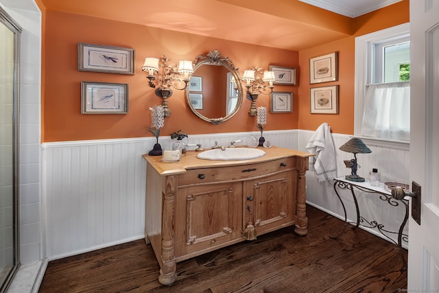 7 Morningside Ln, Westport, CT 06880 - full bath featuring wood finished floors, vanity, wainscoting, a chandelier, and an enclosed shower