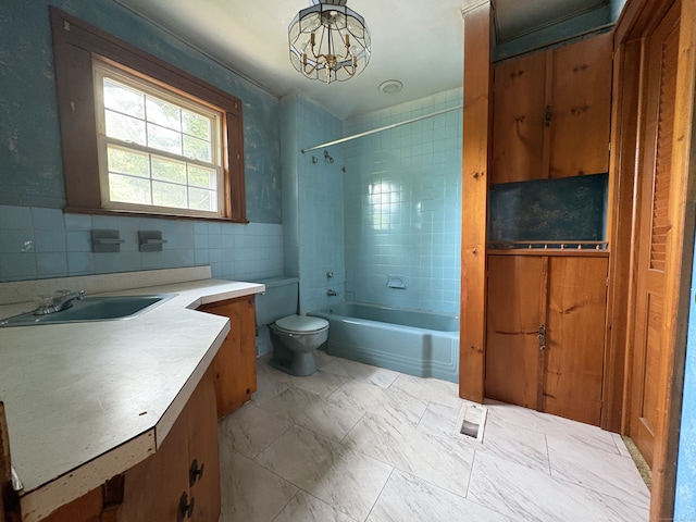 5 Lindsley Pl, Stratford, CT 06615 - full bathroom featuring tub / shower combination, vanity, tile walls, and backsplash