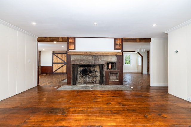 93 Northfield Rd, Litchfield, CT 06759 - unfurnished living room with crown molding, a fireplace with flush hearth, hardwood / wood-style floors, and recessed lighting