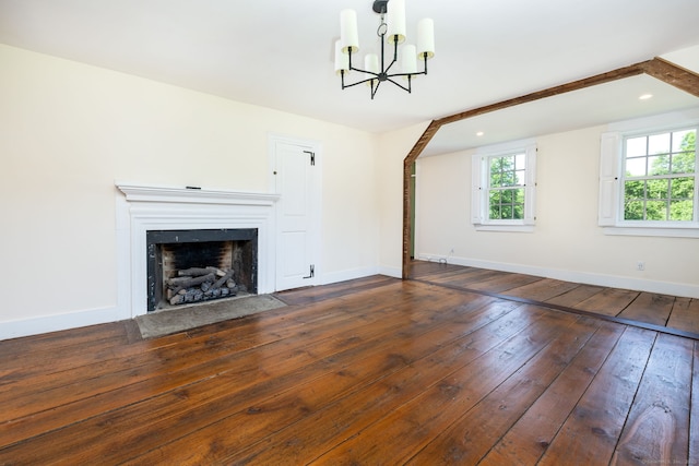93 Northfield Rd, Litchfield, CT 06759 - unfurnished living room with a chandelier, healthy amount of natural light, hardwood / wood-style flooring, a fireplace with flush hearth, and recessed lighting