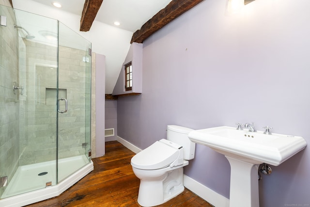 93 Northfield Rd, Litchfield, CT 06759 - bathroom with beam ceiling, hardwood / wood-style floors, a stall shower, and recessed lighting