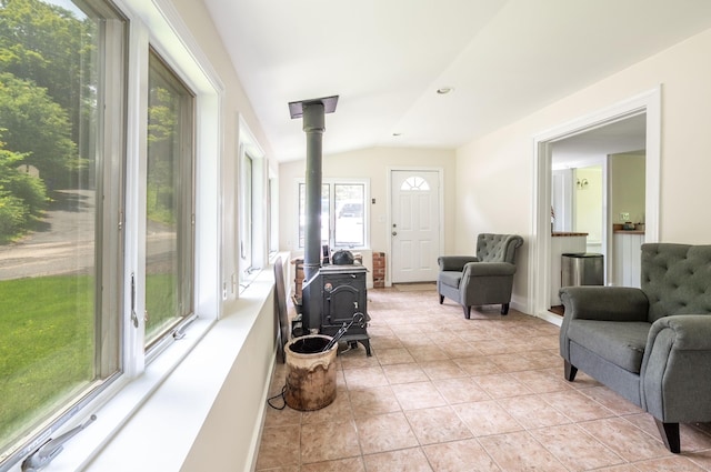 60 Pomperaug Rd, Woodbury, CT 06798 - sunroom with a wood stove and lofted ceiling