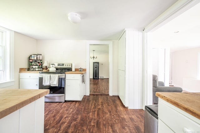 60 Pomperaug Rd, Woodbury, CT 06798 - kitchen with stainless steel electric stove, dark wood-style floors, white cabinets, and wooden counters