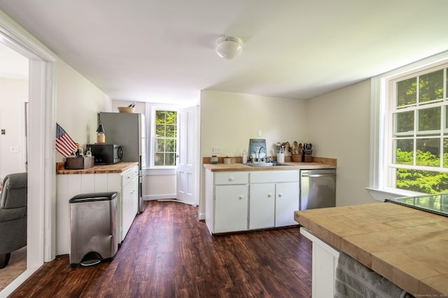 60 Pomperaug Rd, Woodbury, CT 06798 - kitchen featuring stainless steel appliances, dark wood-style floors, white cabinets, and light countertops