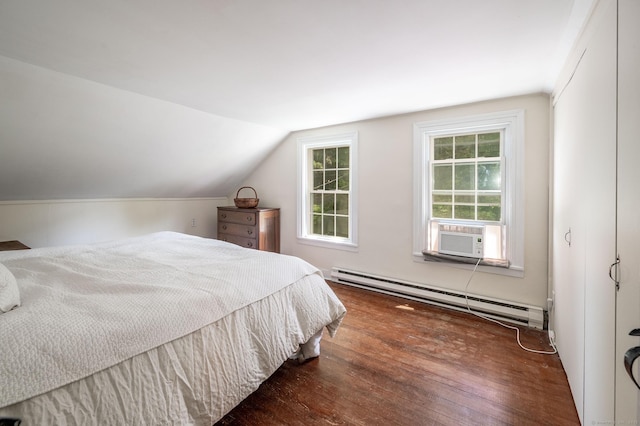 60 Pomperaug Rd, Woodbury, CT 06798 - bedroom with a baseboard radiator, wood finished floors, cooling unit, and vaulted ceiling