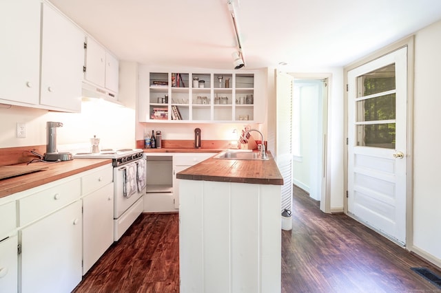 60 Pomperaug Rd, Woodbury, CT 06798 - kitchen with butcher block counters, white electric range, dark wood-style floors, white cabinets, and open shelves