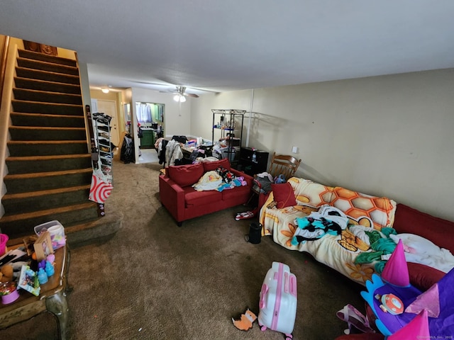 560 Yale Ave Unit 8, Meriden, CT 06450 - living area featuring carpet flooring, stairs, and ceiling fan
