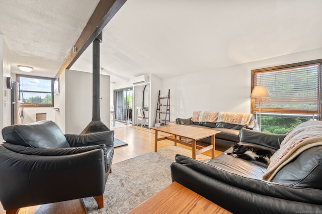 113E Country Squire Dr Unit 113E, Cromwell, CT 06416 - living room featuring a wall unit AC, wood finished floors, a wood stove, and vaulted ceiling