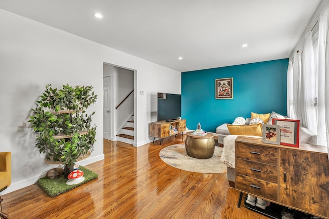 20 Oakland Ave Apt 3B, Danbury, CT 06810 - living area featuring stairs, wood finished floors, and recessed lighting