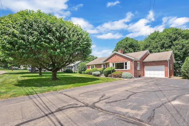 15 Merriman Rd, Wethersfield, CT 06109 - ranch-style house featuring a garage, driveway, brick siding, a front lawn, and a chimney