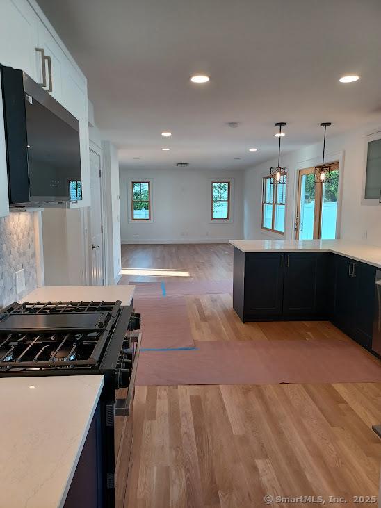 105 Houston Ter, Stamford, CT 06902 - kitchen featuring range with gas stovetop, light countertops, light wood finished floors, dark cabinetry, and open floor plan
