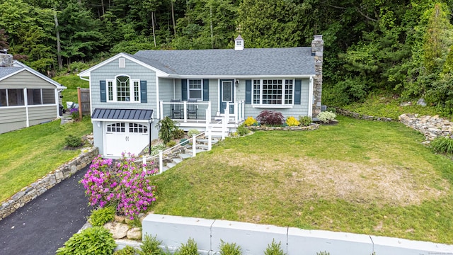 75 N Lake Shore Dr, Brookfield, CT 06804 - ranch-style home with stairs, a porch, a chimney, roof with shingles, and a front lawn