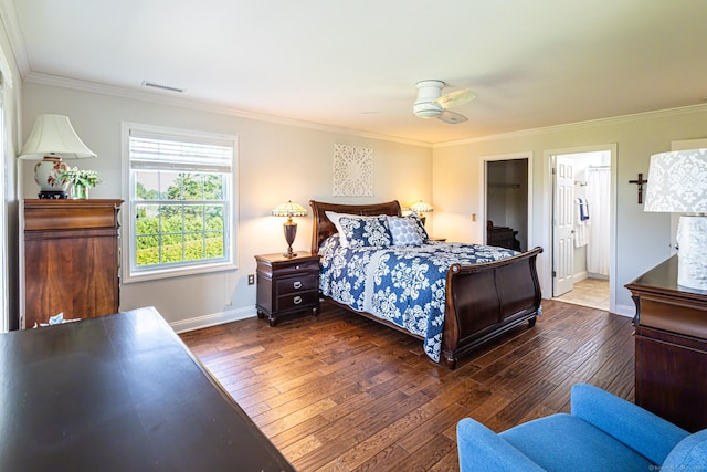 509 Main St Unit 6, Old Saybrook, CT 06475 - bedroom featuring hardwood / wood-style flooring, crown molding, a ceiling fan, and connected bathroom