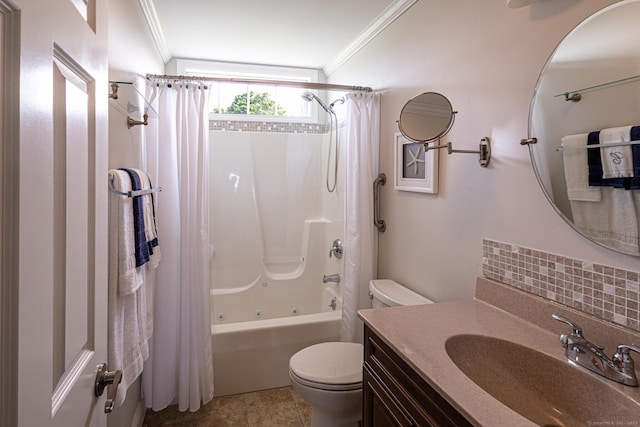509 Main St Unit 6, Old Saybrook, CT 06475 - bathroom featuring ornamental molding, shower / bath combo, vanity, decorative backsplash, and tile patterned floors