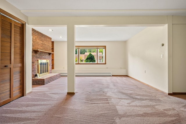 84 Bourbon St, South Windsor, CT 06074 - unfurnished living room with light carpet, a brick fireplace, baseboard heating, a baseboard heating unit, and recessed lighting