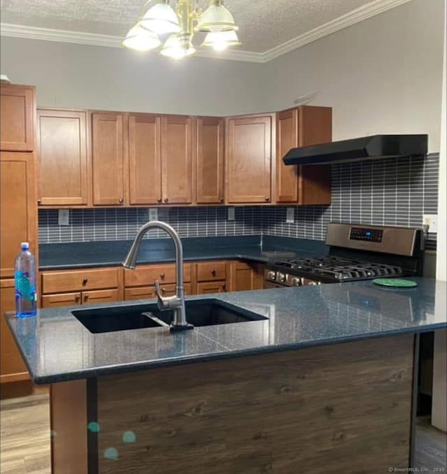 453 Burnside Ave, East Hartford, CT 06108 - kitchen with stainless steel range with gas stovetop, backsplash, under cabinet range hood, ornamental molding, and light wood finished floors