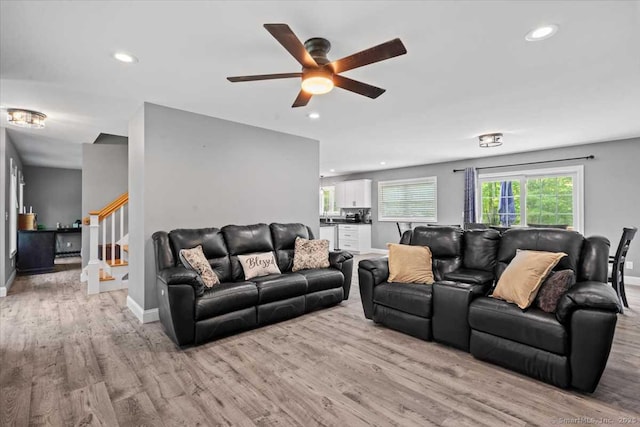 379 Tripp Hollow Rd, Brooklyn, CT 06234 - living area with light wood-style floors, ceiling fan, recessed lighting, and stairs