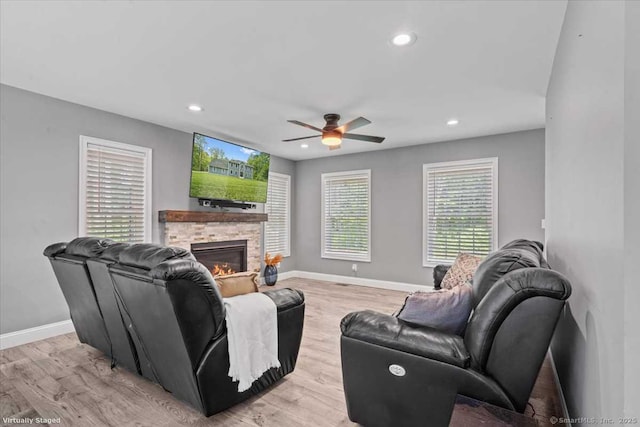 379 Tripp Hollow Rd, Brooklyn, CT 06234 - living area featuring ceiling fan, recessed lighting, a fireplace, and light wood finished floors