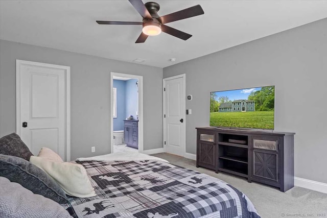 379 Tripp Hollow Rd, Brooklyn, CT 06234 - bedroom featuring light colored carpet, connected bathroom, and ceiling fan