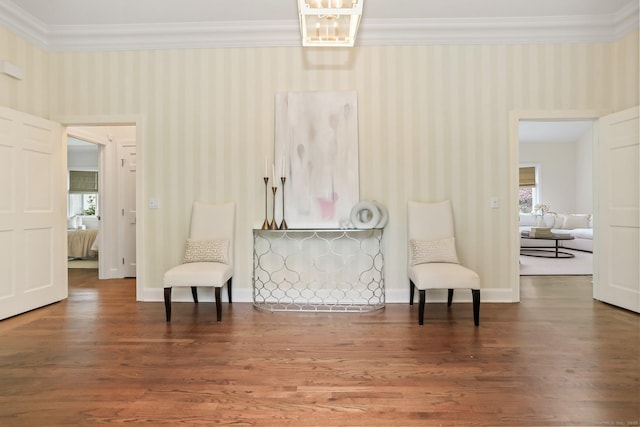 2787 Redding Rd, Fairfield, CT 06824 - sitting room with crown molding, wallpapered walls, and wood finished floors