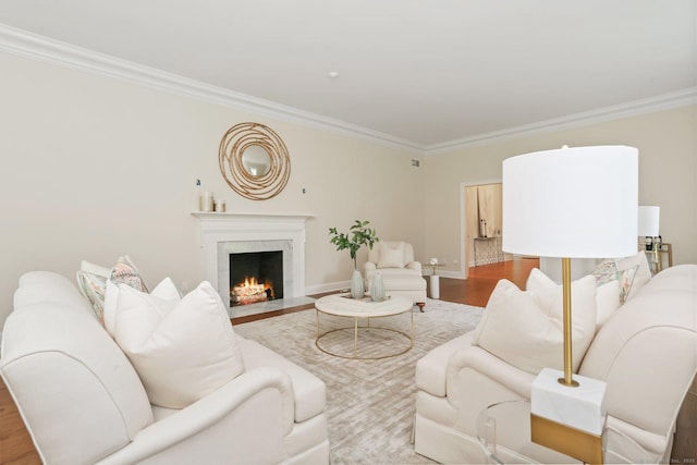 2787 Redding Rd, Fairfield, CT 06824 - living area with crown molding, wood finished floors, and a premium fireplace