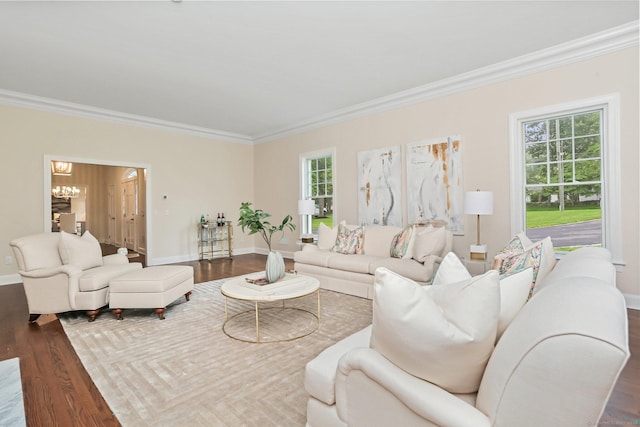 2787 Redding Rd, Fairfield, CT 06824 - living room featuring ornamental molding, wood finished floors, a chandelier, and plenty of natural light