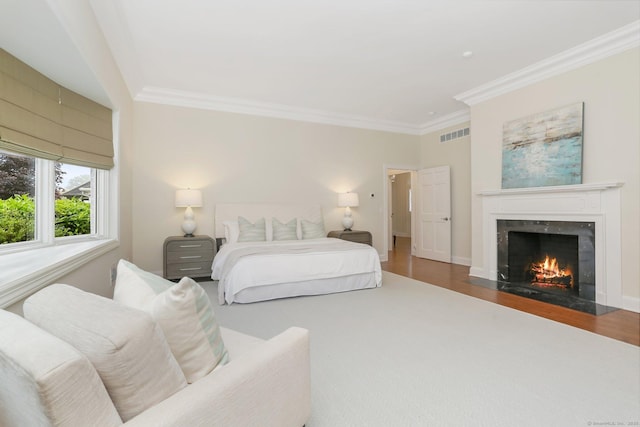 2787 Redding Rd, Fairfield, CT 06824 - bedroom with ornamental molding, a high end fireplace, and wood finished floors