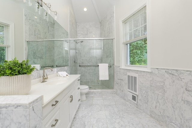 2787 Redding Rd, Fairfield, CT 06824 - bathroom with plenty of natural light, vanity, a shower stall, tile walls, and wainscoting
