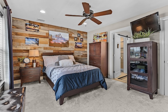 10 Amato Dr, Wethersfield, CT 06109 - bedroom with wood walls, light carpet, recessed lighting, and a ceiling fan