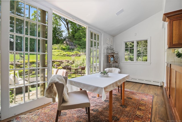 216 Hillspoint Rd, Westport, CT 06880 - dining area featuring baseboard heating, vaulted ceiling, and hardwood / wood-style flooring
